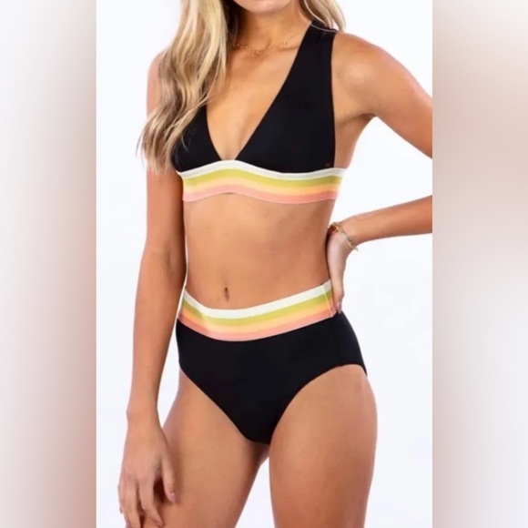 Retro-inspired black bikini set with pastel multi stripe detail - size Small (S) - Picture 2 of 5